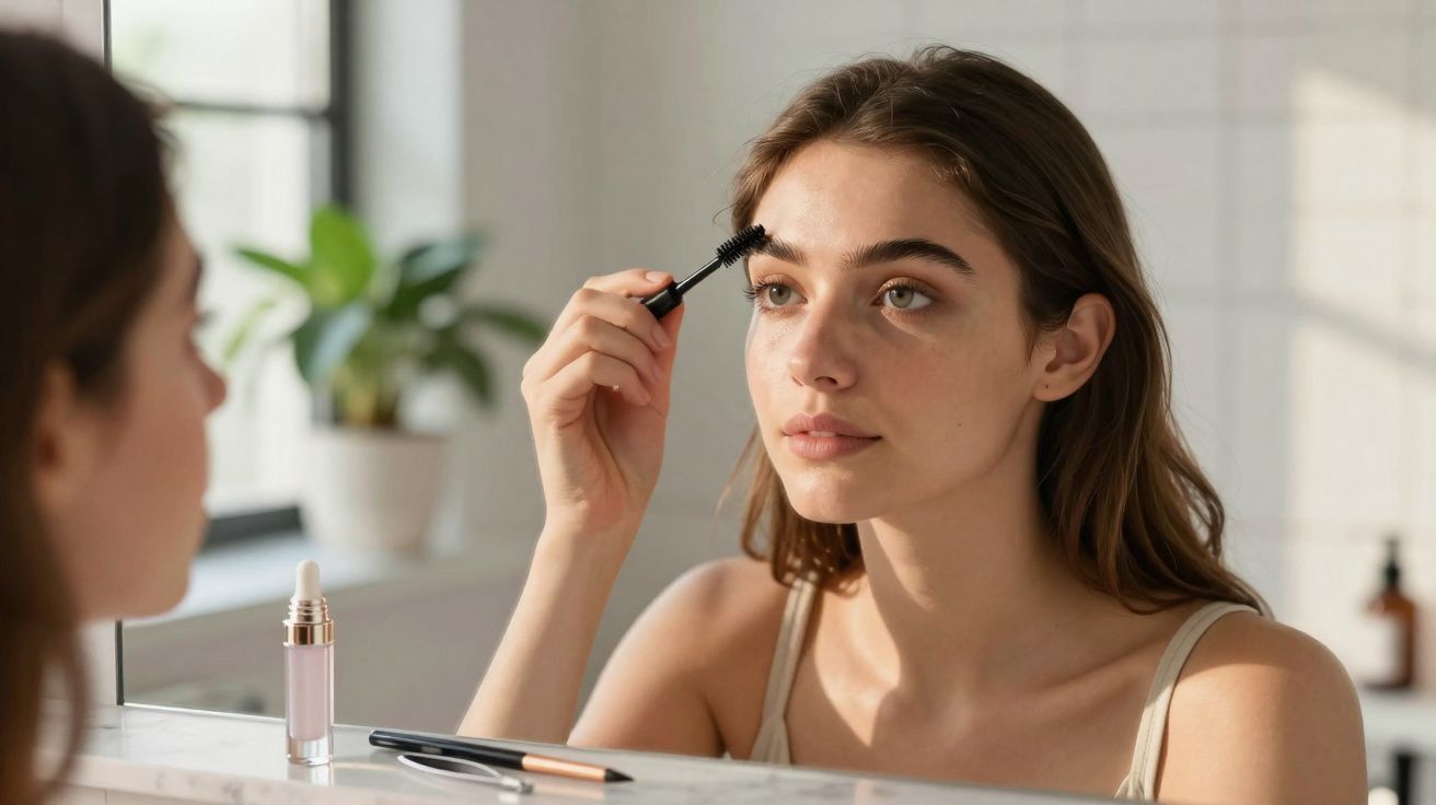 Mulher aplicando rímel nas sobrancelhas em frente ao espelho em ambiente iluminado natural.