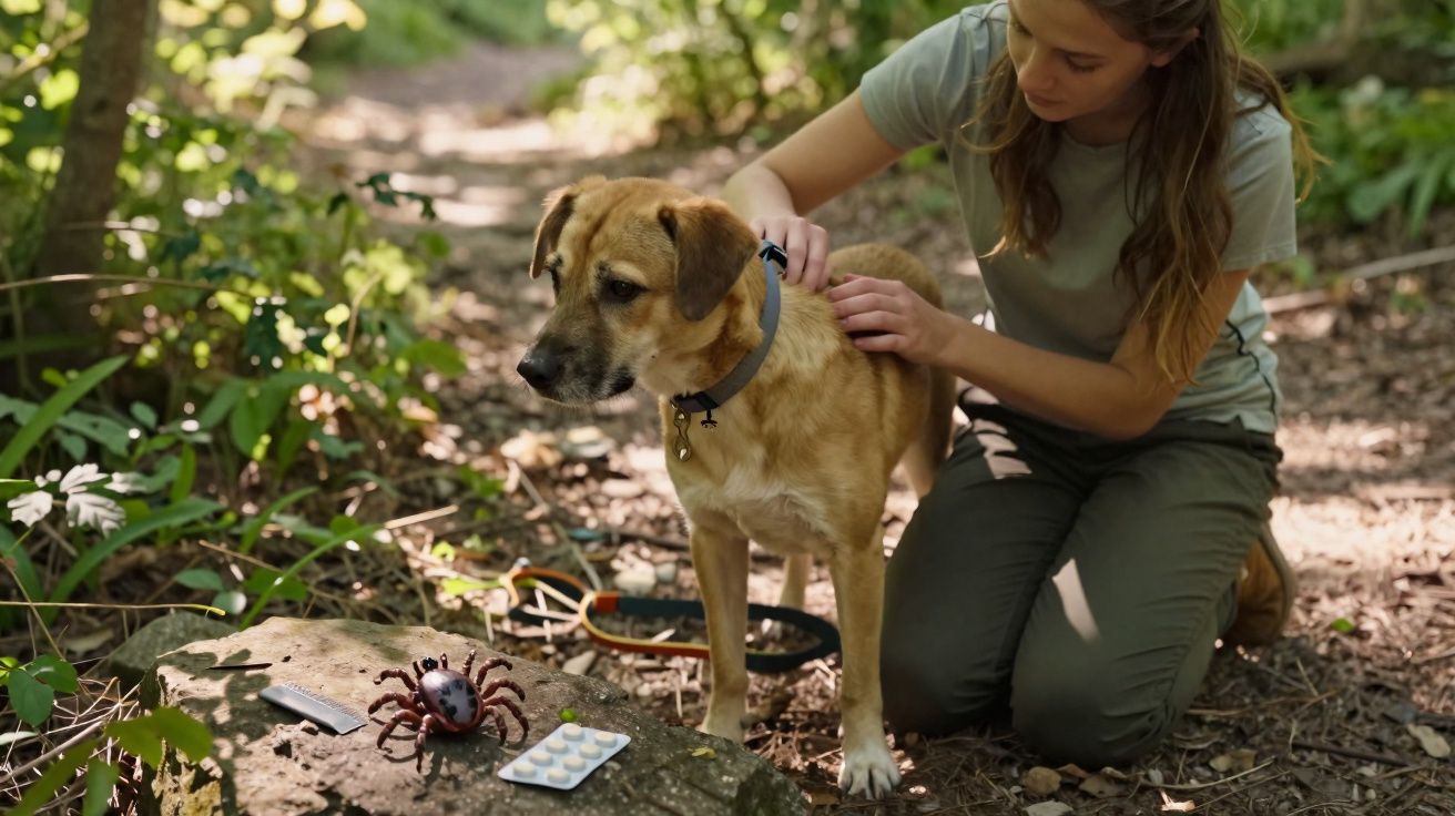 Mulher verifica cachorro na floresta com remédios e caricatura de carrapato sobre pedra.
