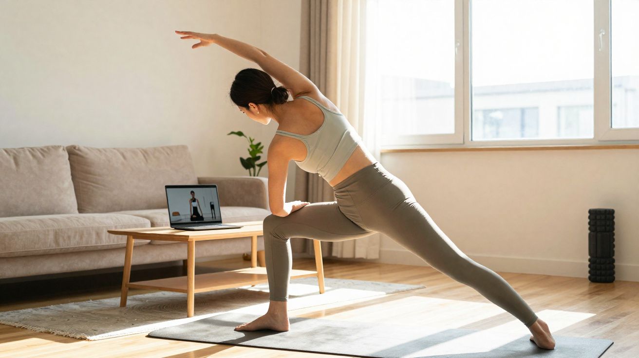 Mulher fazendo alongamento de yoga na sala de estar com vídeo de aula aberta no notebook.