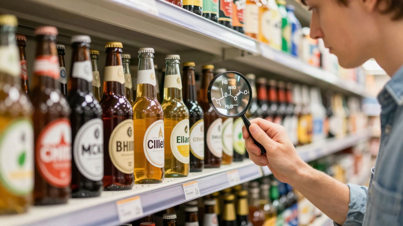 Pessoa usando lupa para analisar moléculas no rótulo de garrafas apoiadas na prateleira de supermercado.