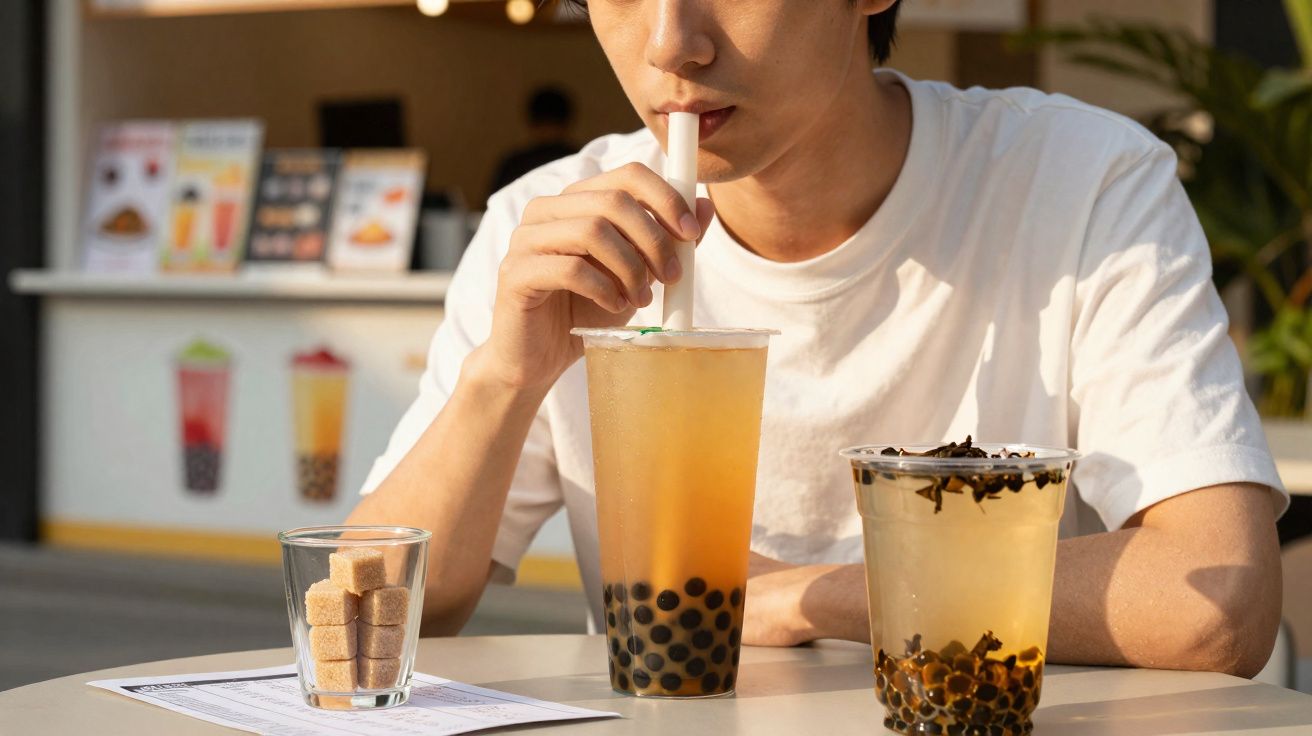 Pessoa em camiseta branca bebendo chá de bolhas com bolinhas pretas em copo plástico transparente.