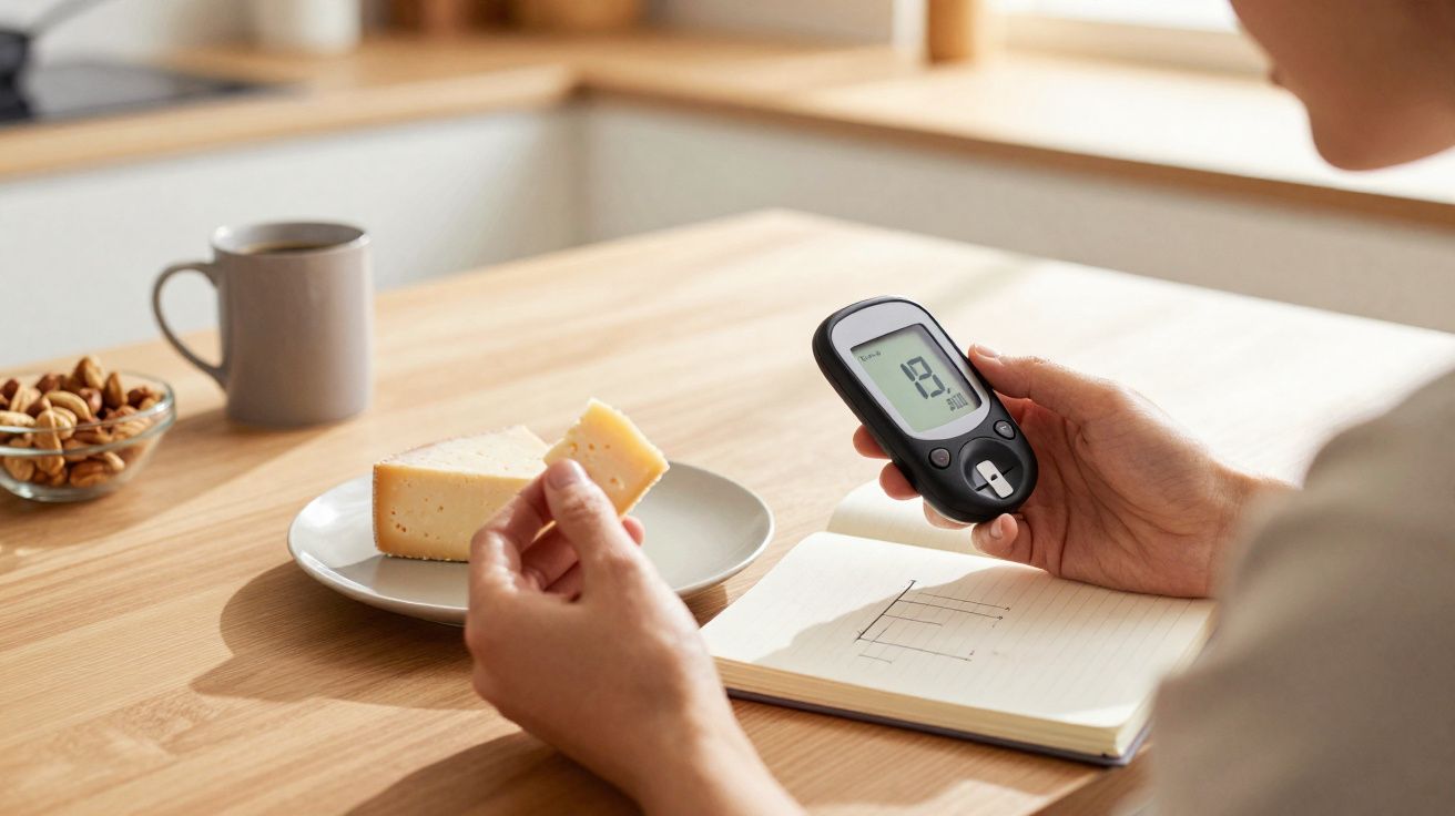 Pessoa medindo nível de glicose com aparelho, segurando pedaço de queijo na cozinha.