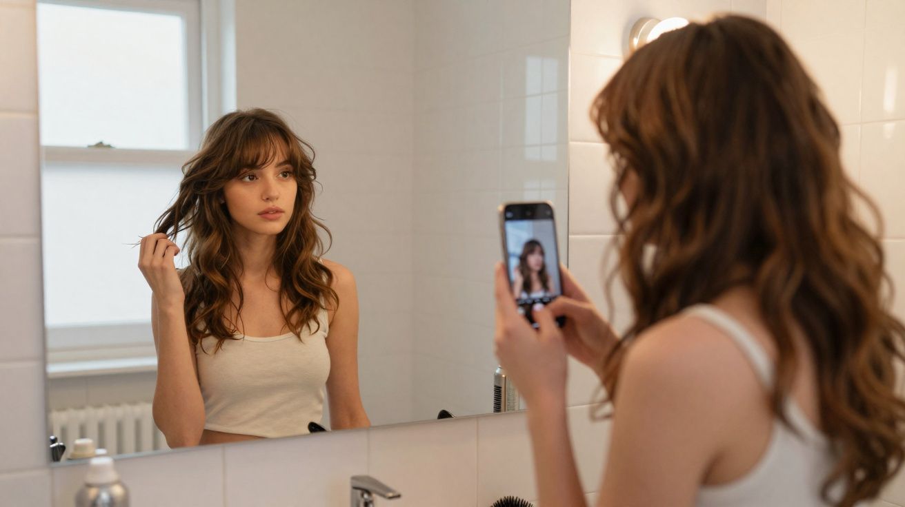 Jovem segurando celular e ajeitando cabelo enquanto se olha no espelho de banheiro branco.