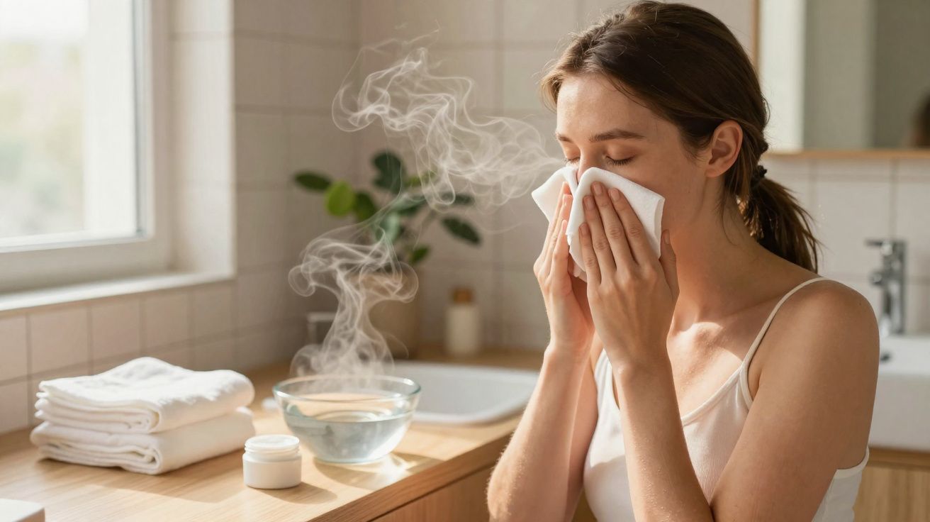 Mulher usando lenço para assoar o nariz em ambiente com vapores liberados de bacia com água quente.