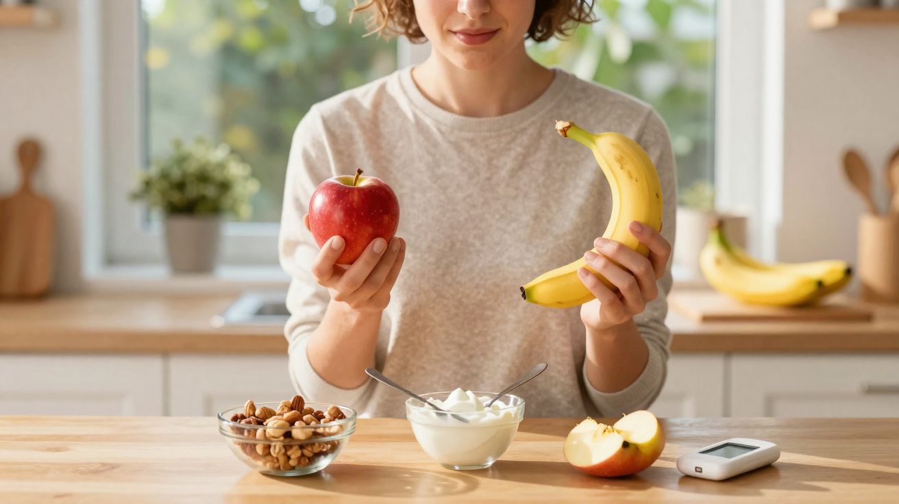 Mulher segurando maçã e banana com iogurte, castanhas e aparelho medidor glicose sobre a mesa.