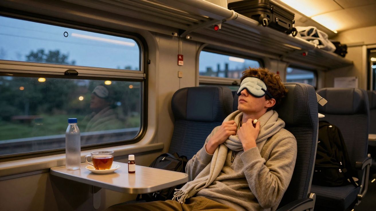 Jovem com máscara de dormir sentado em poltrona de trem com bebida e remédio na mesa ao lado.