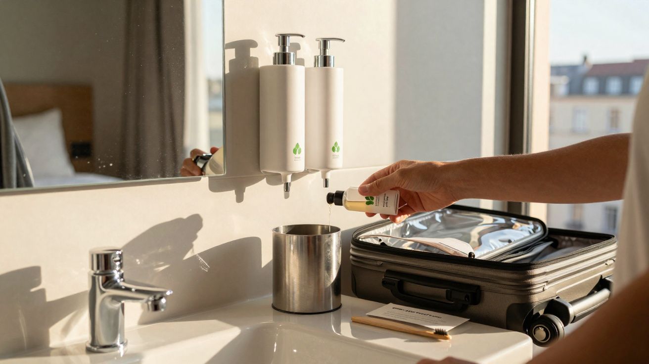 Pessoa adicionando produto líquido em copo na pia de banheiro com mala aberta ao fundo e dispensers fixados na parede.