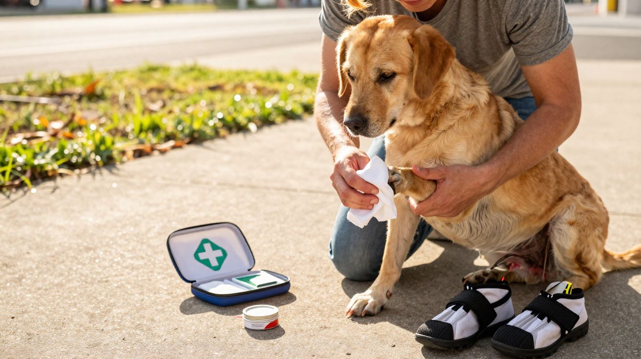 Pessoa cuidando da pata machucada de cachorro com kit de primeiros socorros ao ar livre.