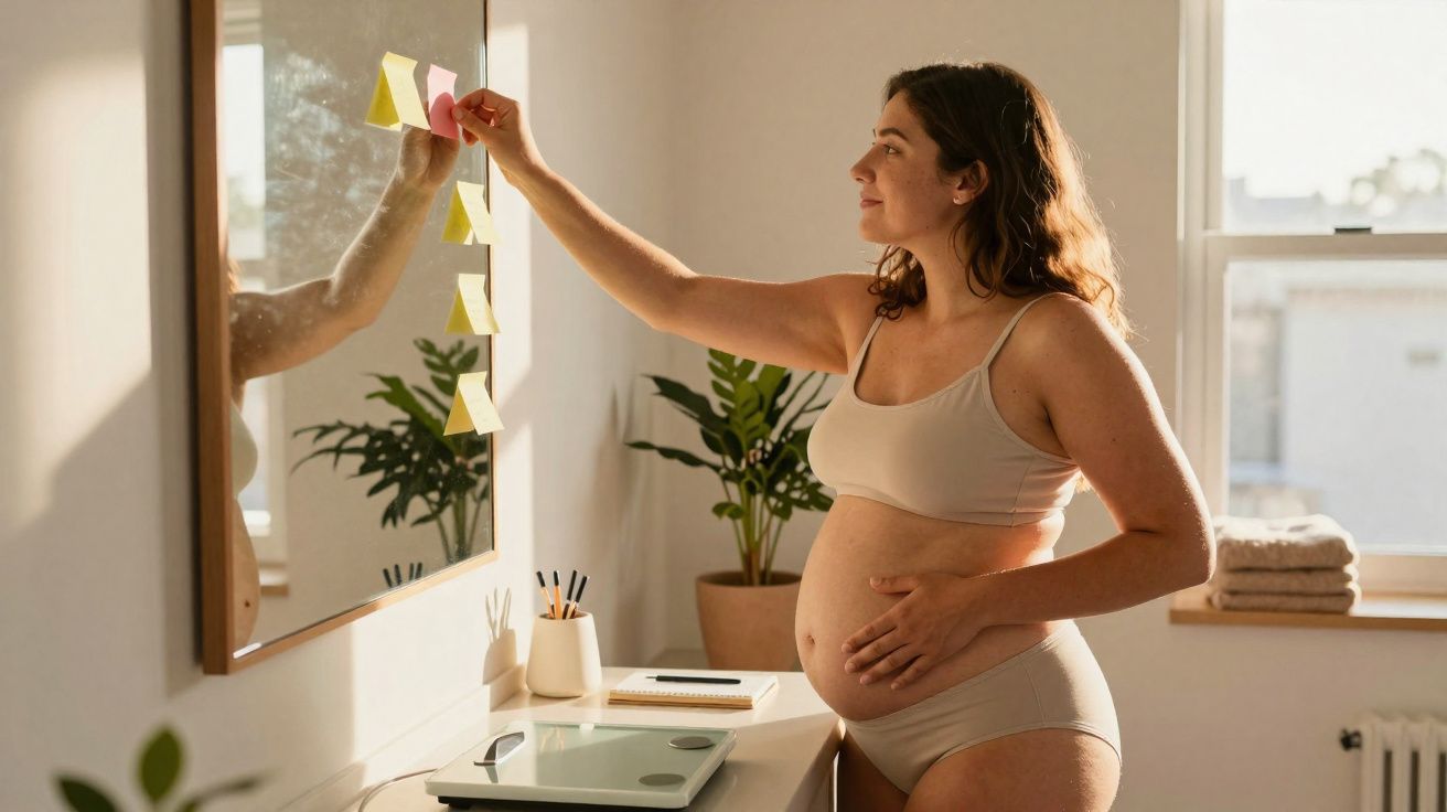 Mulher grávida em roupa íntima organizando post-its em espelho, em ambiente iluminado e aconchegante.