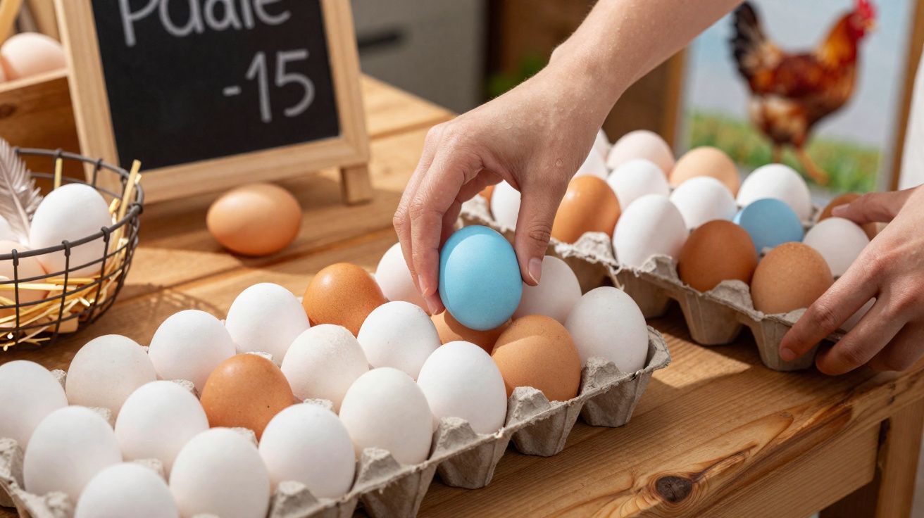 Mãos segurando ovos, incluindo dois azuis, em bandejas com ovos brancos e marrons sobre mesa de madeira.