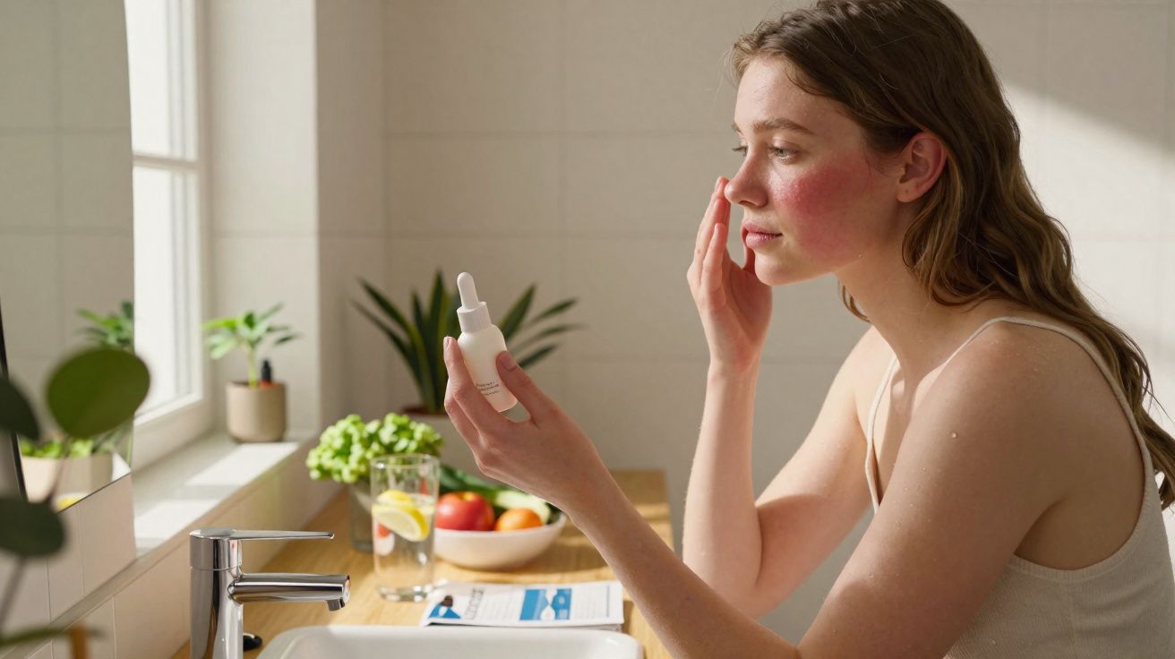 Mulher aplicando sérum facial em pele irritada no banheiro iluminado por luz natural.