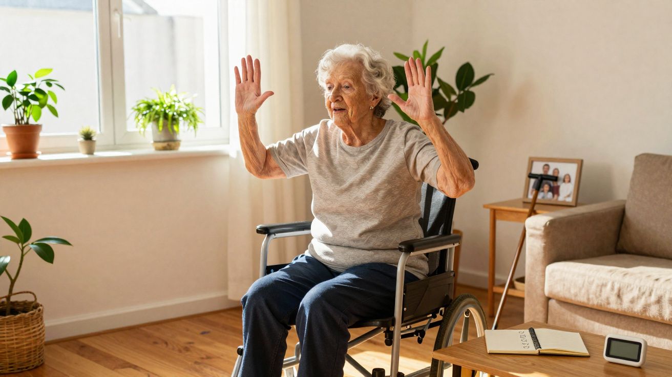 Idosa em cadeira de rodas faz exercícios com braços levantados em sala iluminada com plantas ao fundo.