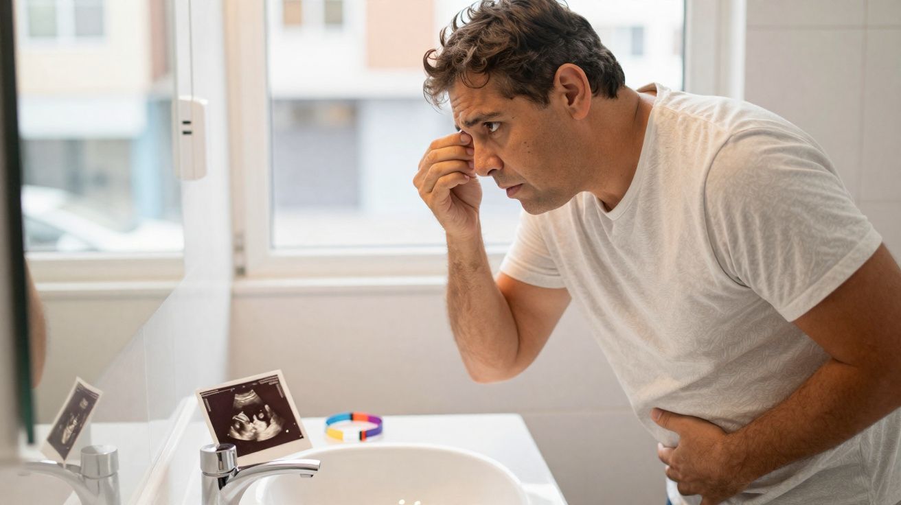 Homem de camiseta branca olhando preocupado no espelho do banheiro, segurando o estômago.