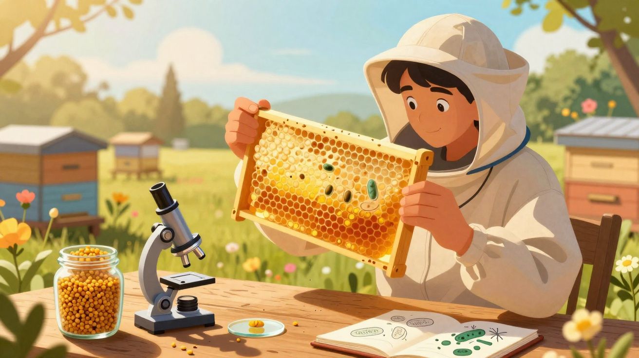 Jovem apicultor observa colmeia com microscópio e livro em campo florido sob céu azul.