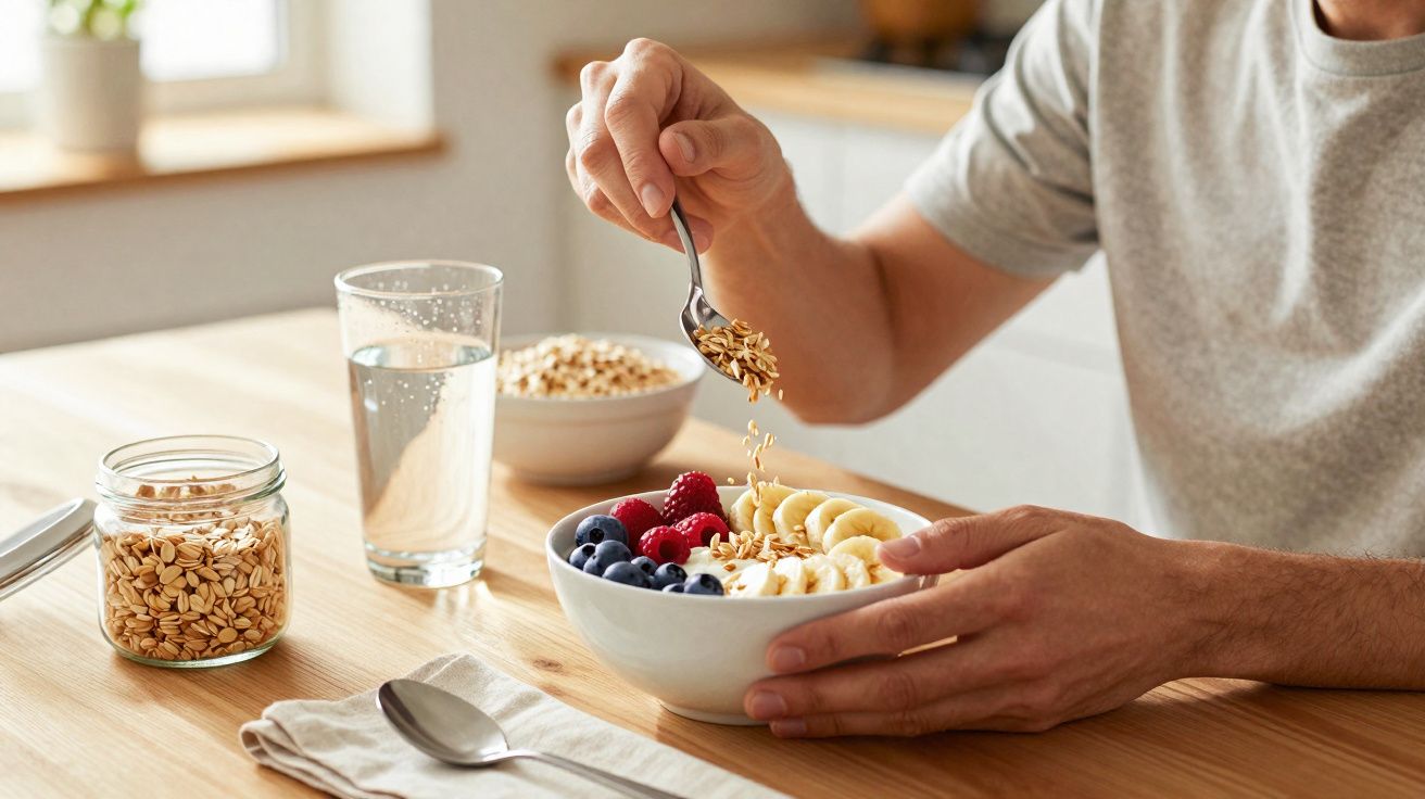 Pessoa adiciona granola em tigela com frutas vermelhas, banana e iogurte em mesa de madeira.