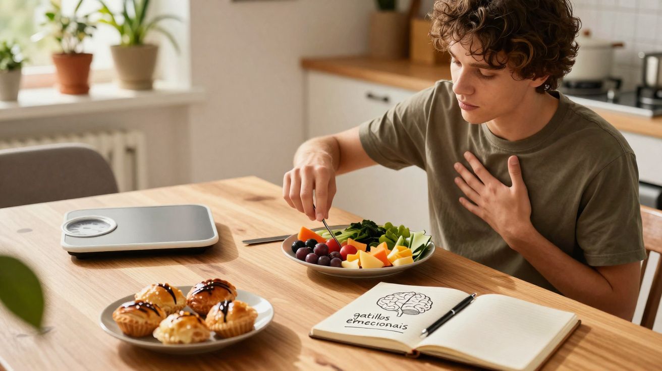Jovem sentado à mesa com frutas e vegetais, balança e livro sobre hábitos emocionais.