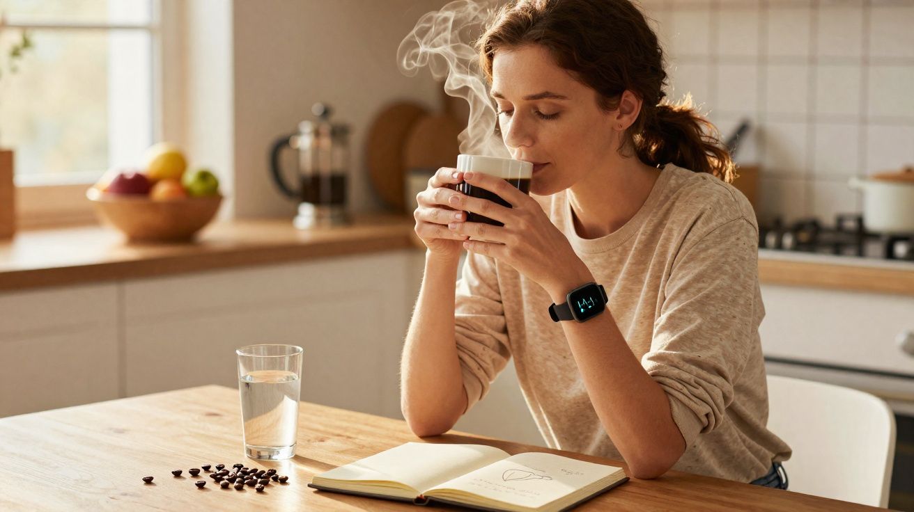 Mulher sentada à mesa na cozinha, segurando xícara de café quente, com livro aberto e grãos de café na mesa.
