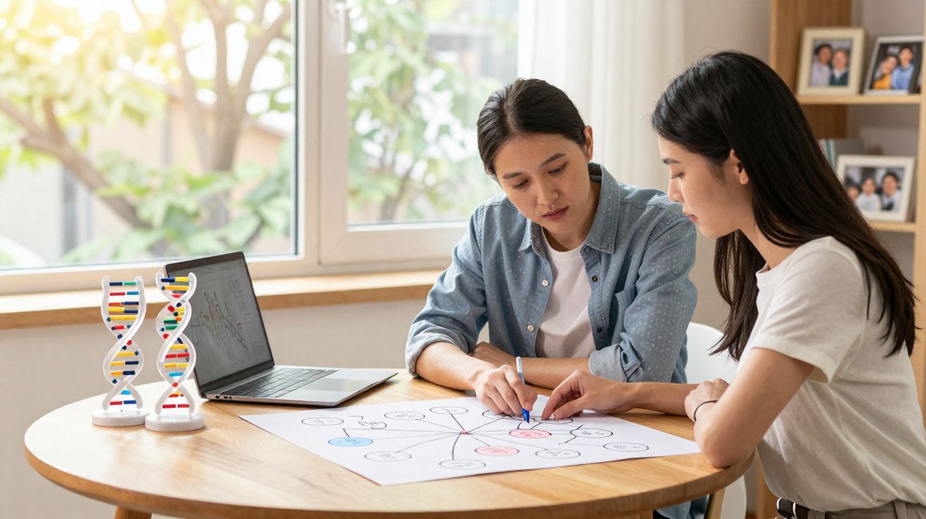 Duas mulheres analisando um diagrama em papel, com modelos de DNA e um laptop em uma mesa redonda.