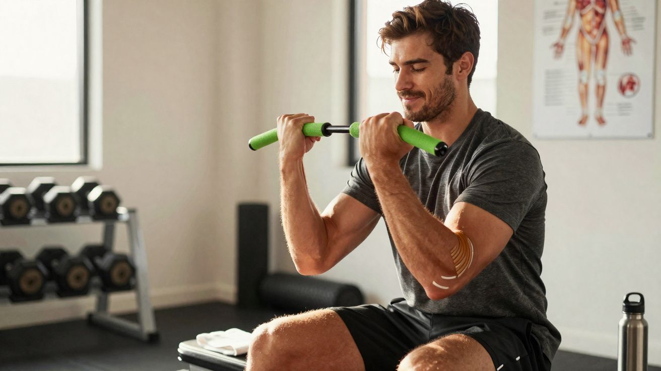 Homem sorridente sentado em banco de academia usando bastão de exercício com pegada verde.