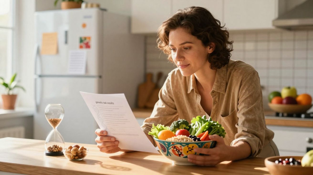 Mulher lendo receita na cozinha, segurando tigela com salada e legumes frescos.