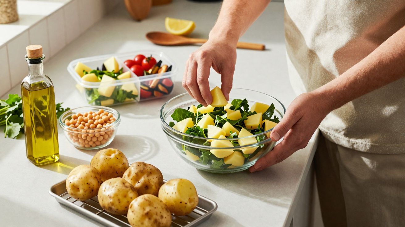 Pessoa preparando salada com batatas, folhas verdes, grão-de-bico e azeite em cozinha clara.