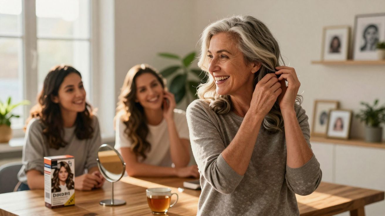 Mulher madura sorridente se arrumando, com duas mulheres jovens ao fundo em ambiente iluminado.