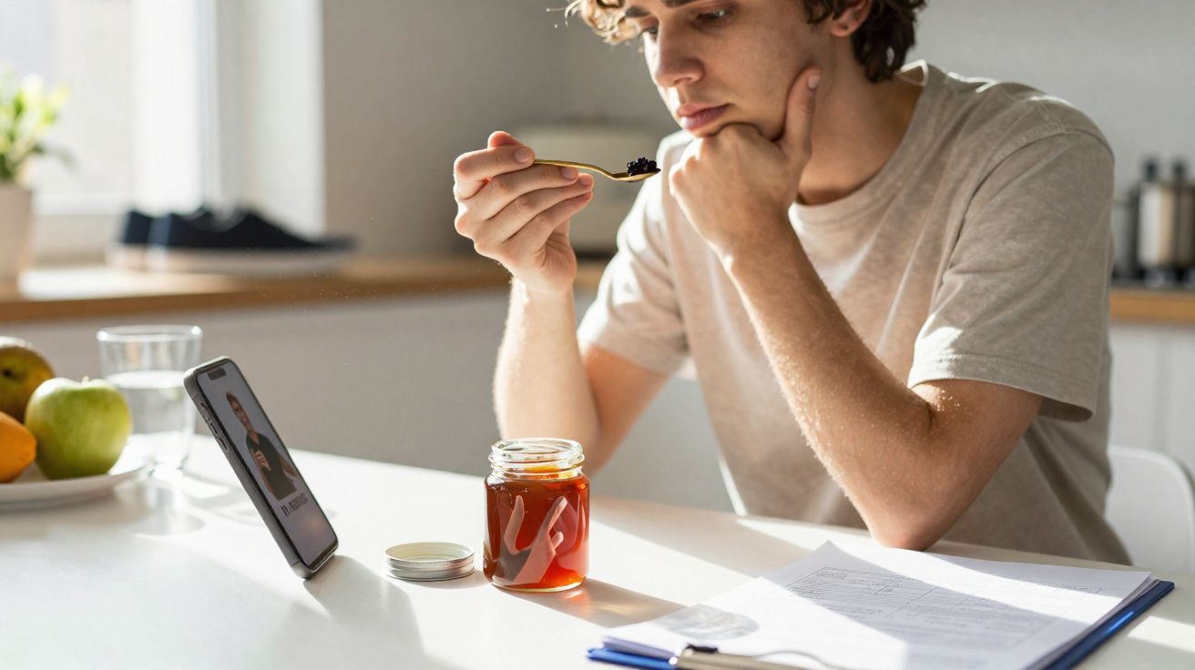Jovem segurando colher com mel, olhando para um celular apoiado em mesa com documentos.