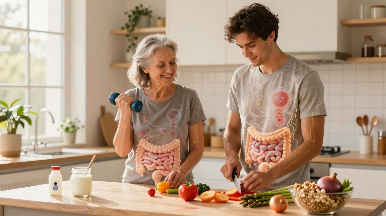 Mulher idosa e jovem preparando alimentos com intestinos destacados, promovendo saúde digestiva e exercícios.
