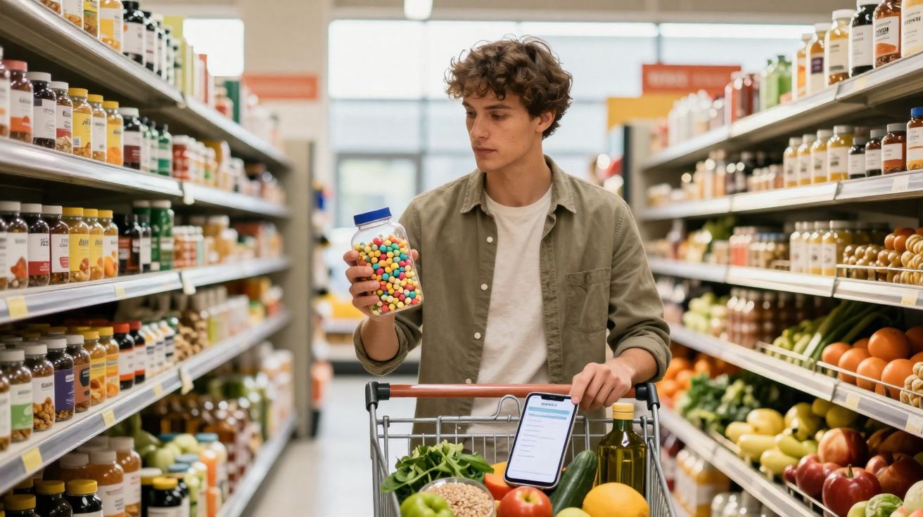 Jovem compra doces em pote enquanto faz lista de compras no celular em supermercado moderno.