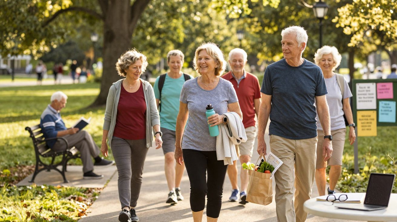 Grupo de idosos caminhando em parque ensolarado, com homem carregando sacola de compras.