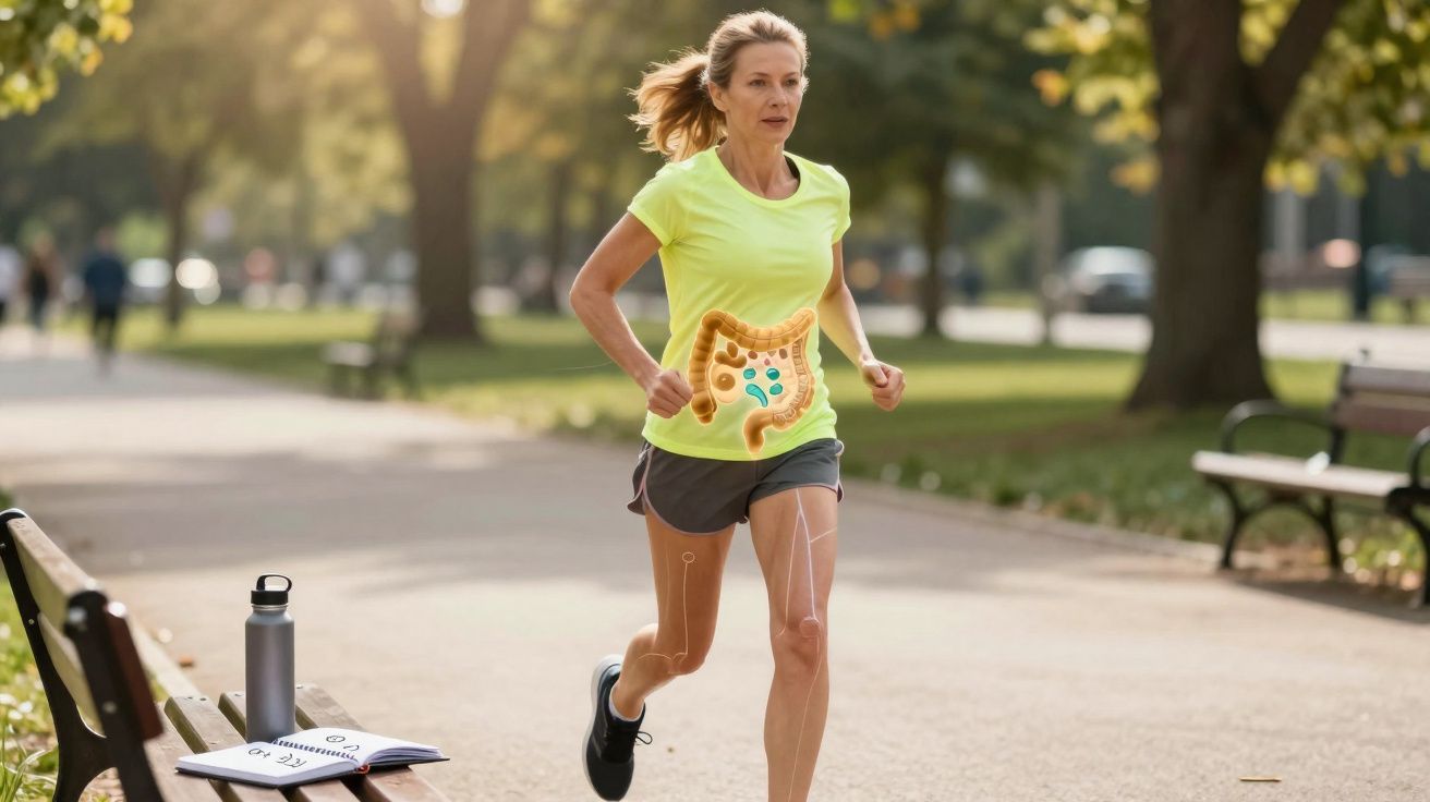 Mulher correndo no parque com ilustração do intestino sobreposta na região abdominal.