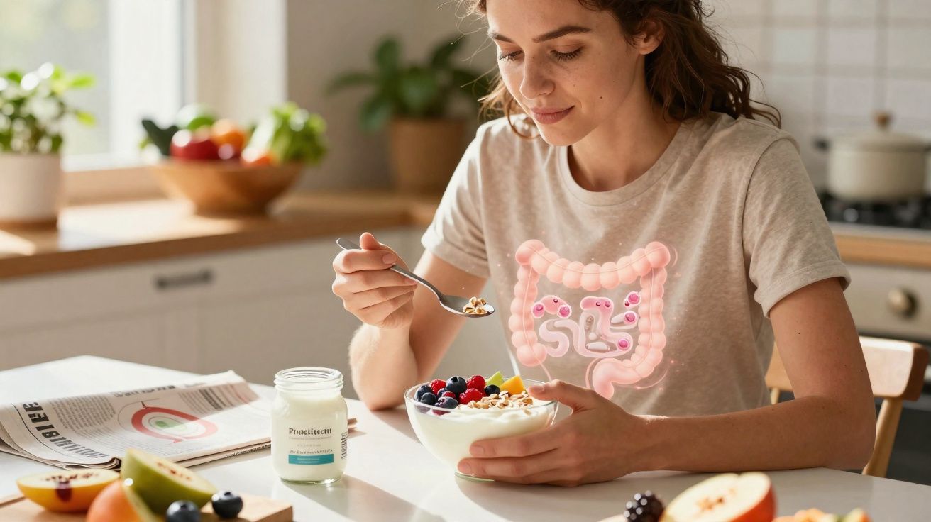 Mulher comendo iogurte com frutas na cozinha, com ilustração do intestino destacando a saúde digestiva.