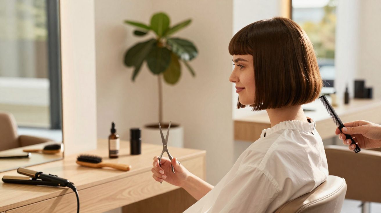Mulher com cabelo curto e liso sentada em salão de beleza, segurando tesoura enquanto cabeleireiro penteia.