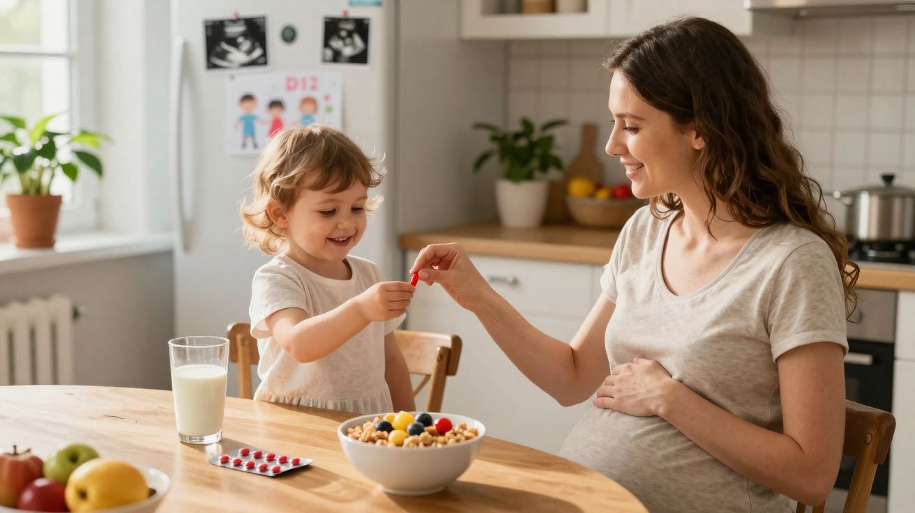 Mãe grávida e criança pequena compartilhando frutas em tigela na cozinha iluminada pela manhã.