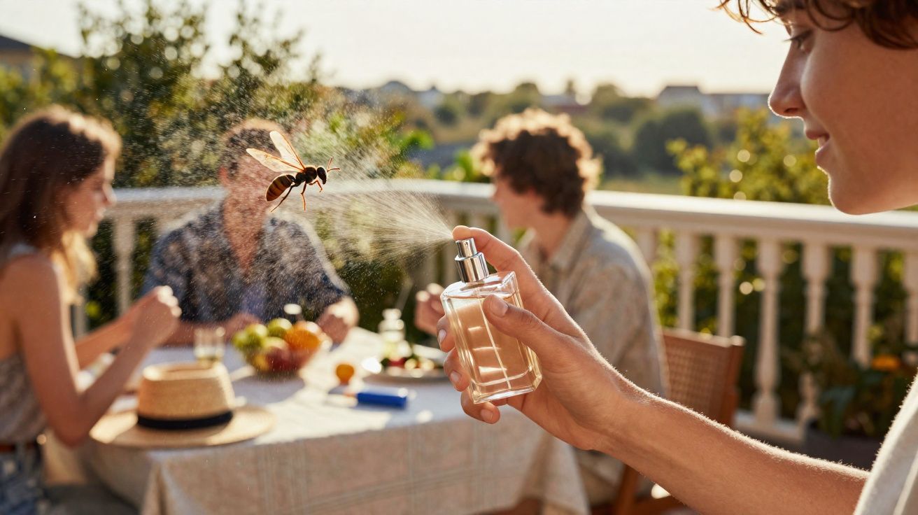 Pessoa borrifando perfume para afastar vespa durante encontro ao ar livre com amigos.