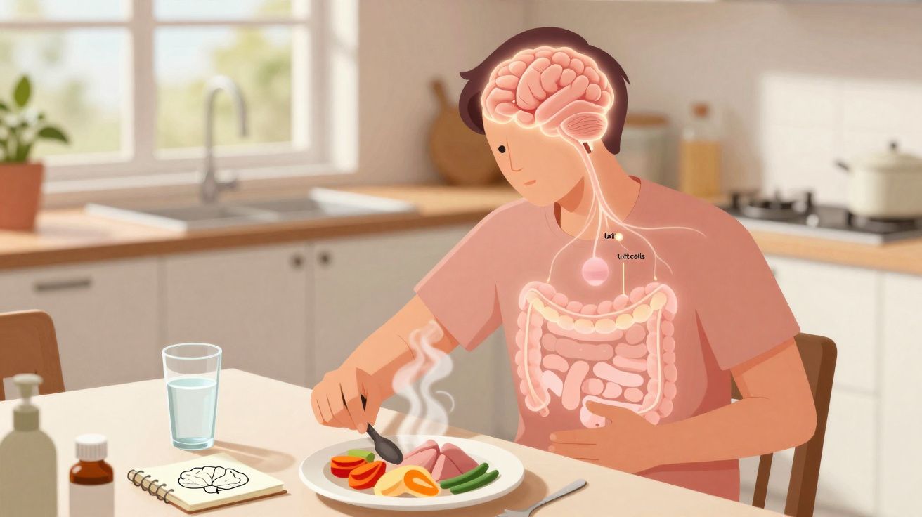 Pessoa sentada à mesa com cérebro e intestinos ilustrados, comendo uma refeição saudável.