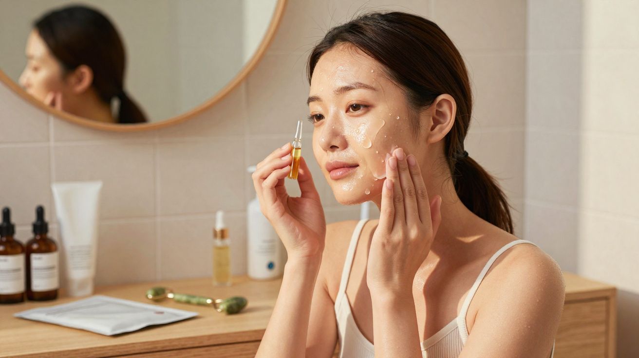 Mulher aplicando sérum facial no rosto em banheiro iluminado com espelho ao fundo.