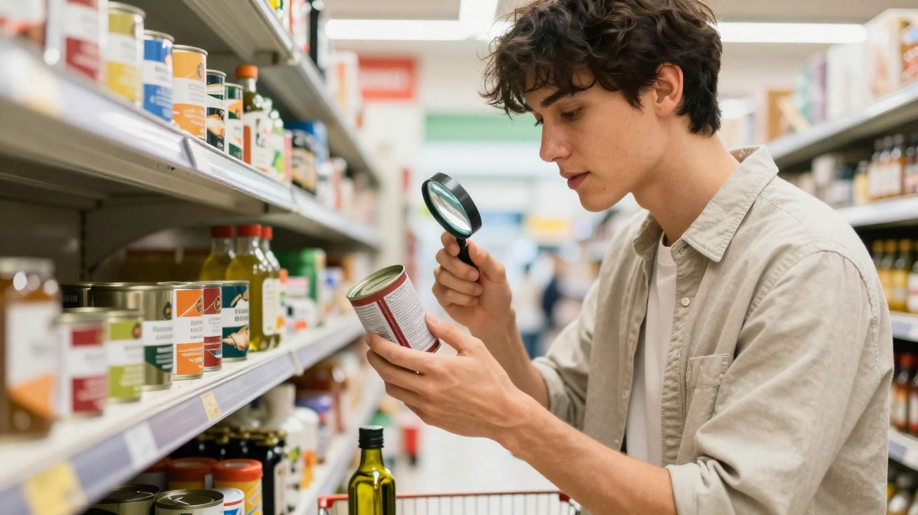 Homem jovem examina rótulo de produto em supermercado usando lupa, cercado por prateleiras de alimentos.