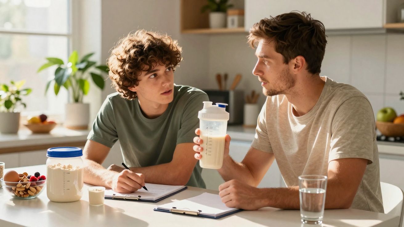 Dois jovens sentados à mesa na cozinha, um segura um copo com suplemento em pó e o outro faz anotações.