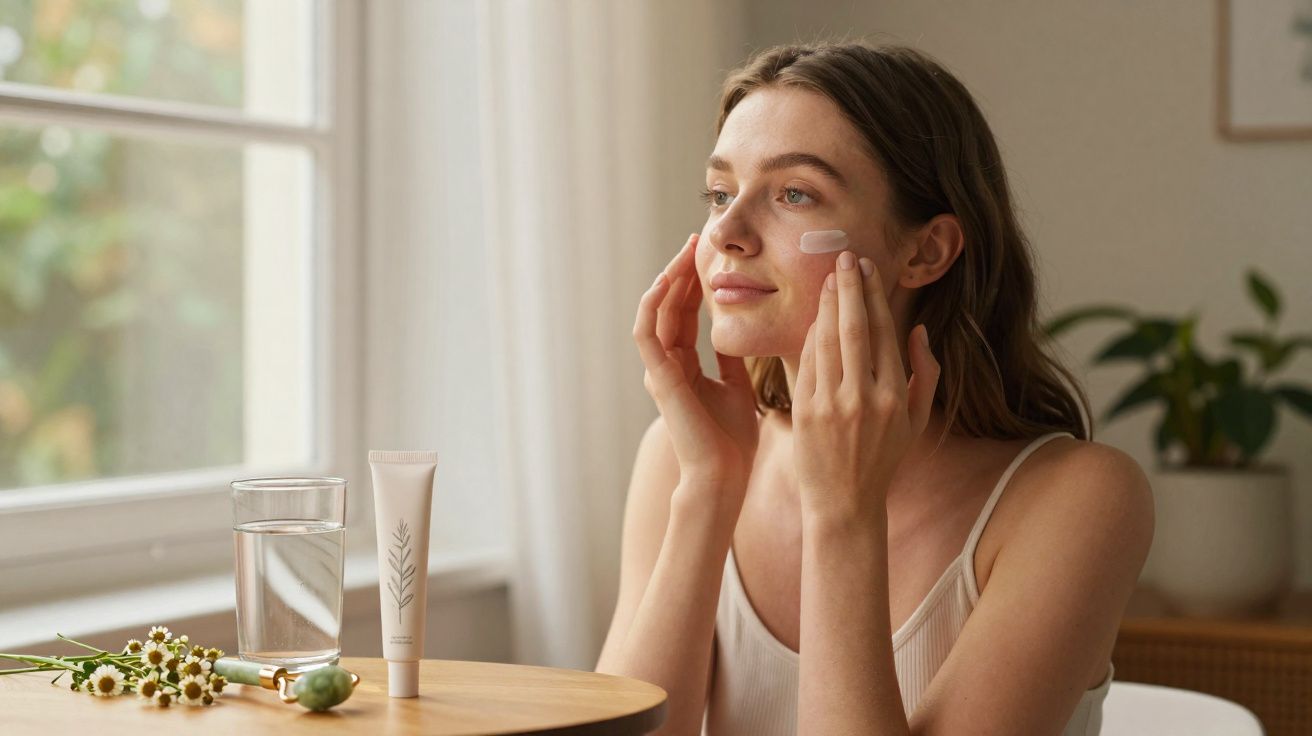 Mulher aplicando creme facial sentada perto de mesa com flores e copo d'água junto à janela.