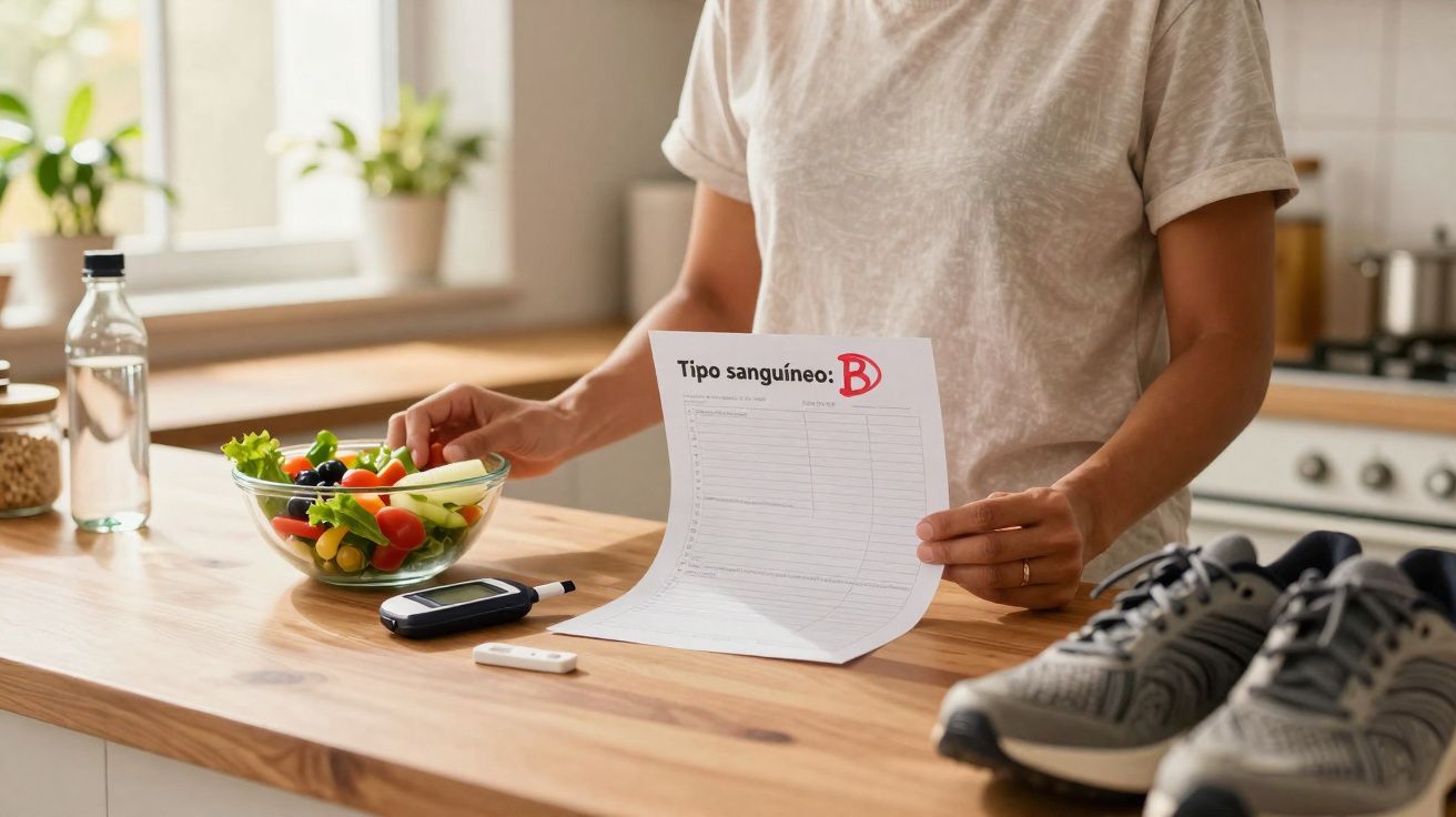 Pessoa segurando exame de sangue tipo B na cozinha, ao lado de salada, medidor de glicose e tênis de corrida.