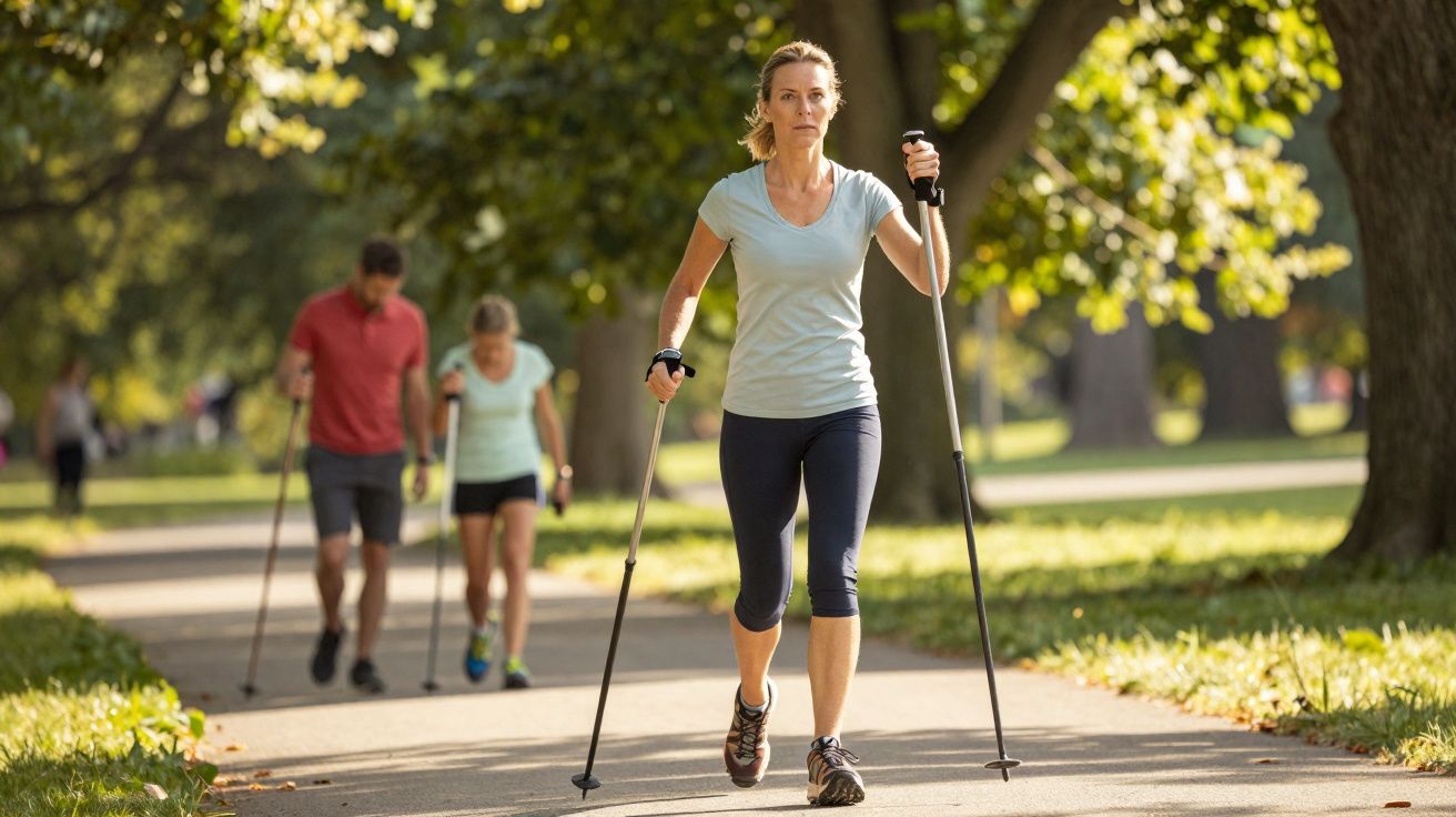 Mulher caminhando com bastões de caminhada em parque ensolarado, com duas pessoas ao fundo.