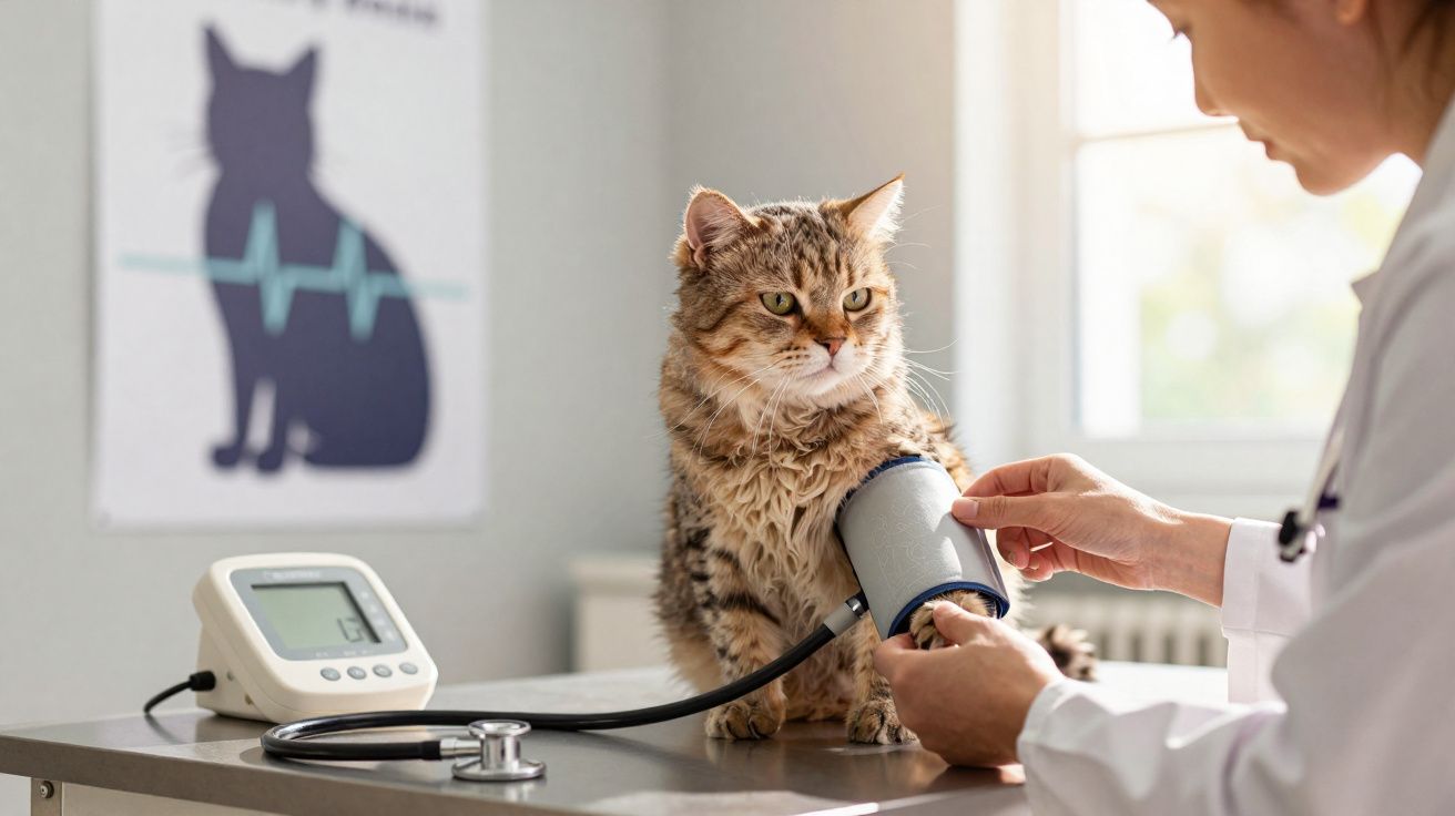 Veterinária medindo pressão arterial de gato sentado em mesa de clínica.