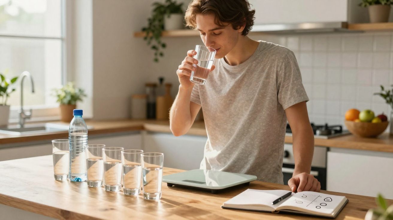 Jovem bebendo água em copo, com vários copos d'água, uma garrafa e um caderno sobre mesa na cozinha.