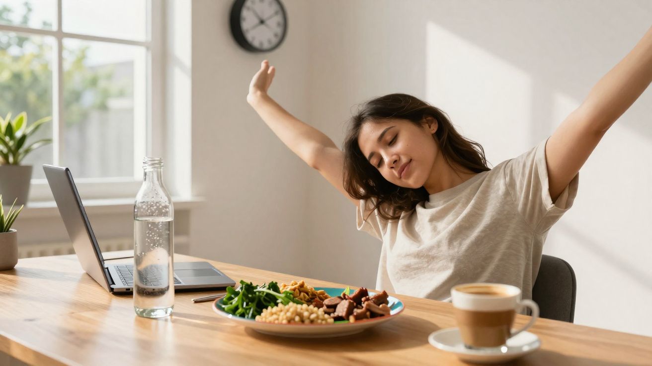 Mulher esticando os braços sentada à mesa com prato de comida, laptop e café ao redor.