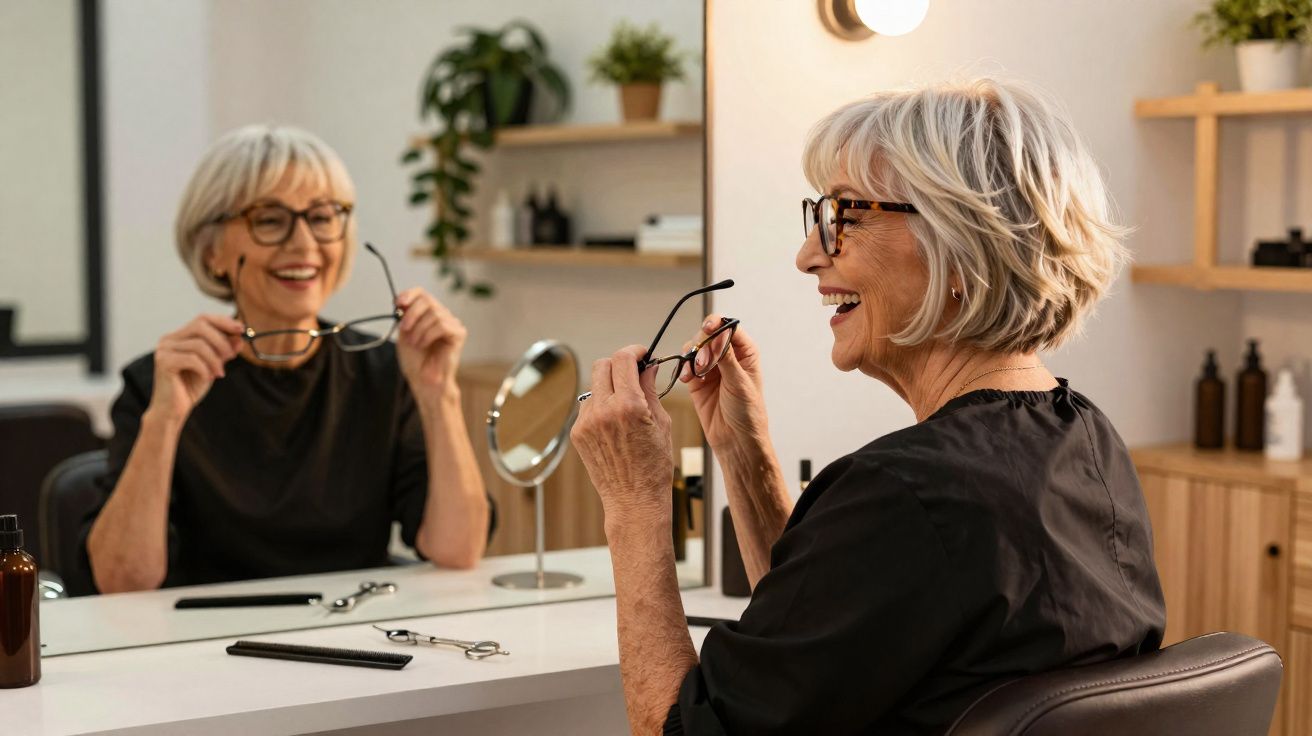 Mulher idosa sorridente segurando óculos diante de espelho em ambiente iluminado e decorado.