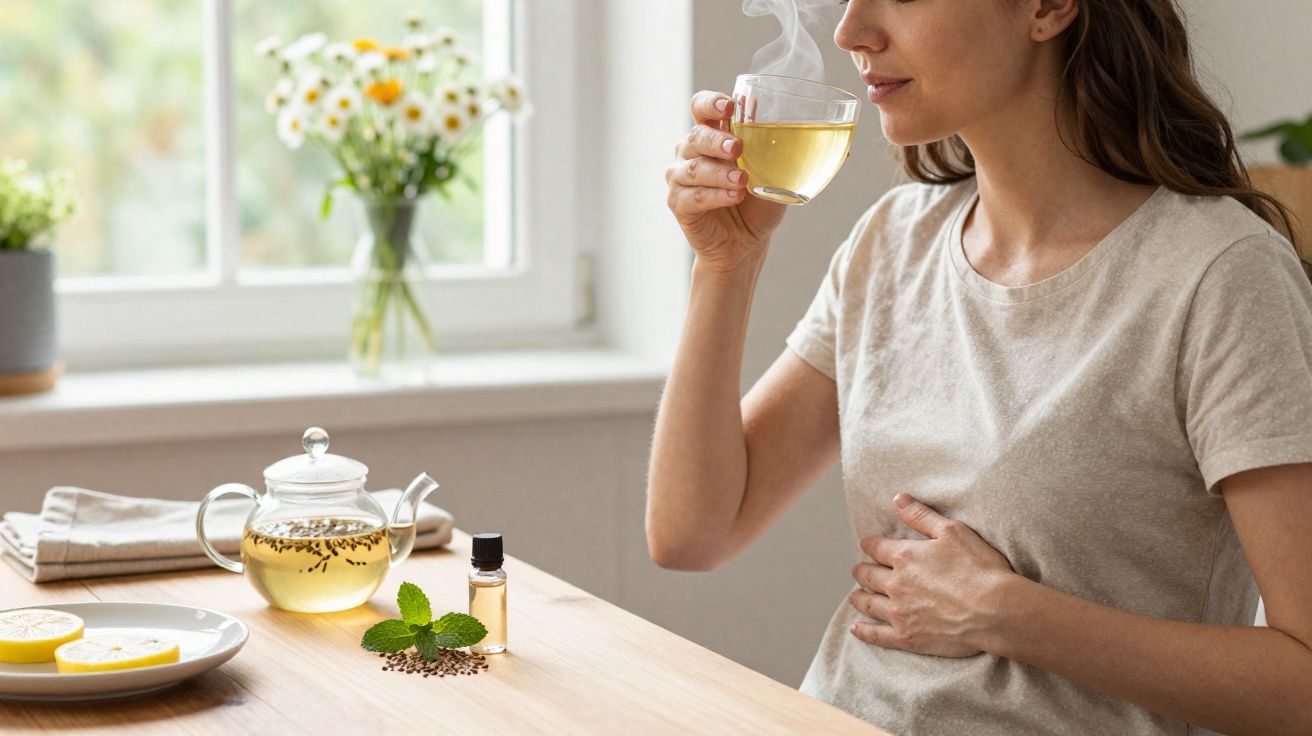 Mulher grávida sentada à mesa, segurando xícara de chá quente com ervas e limão ao lado.