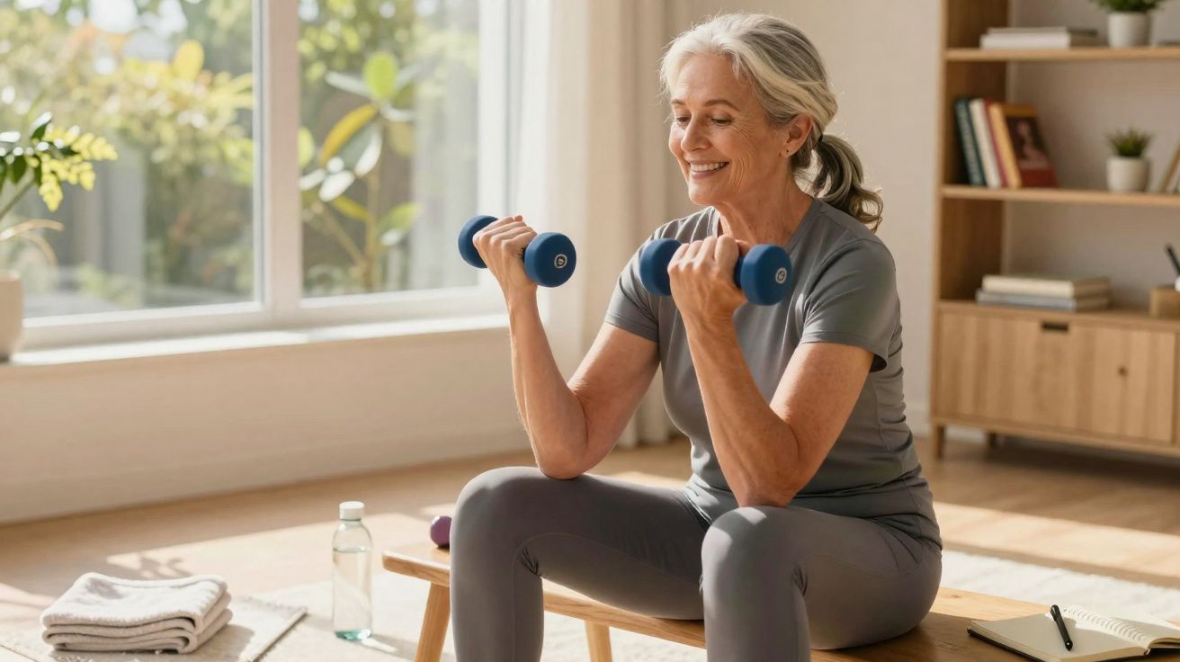 Mulher idosa sorrindo enquanto faz exercícios com halteres sentada em banco em sala iluminada.