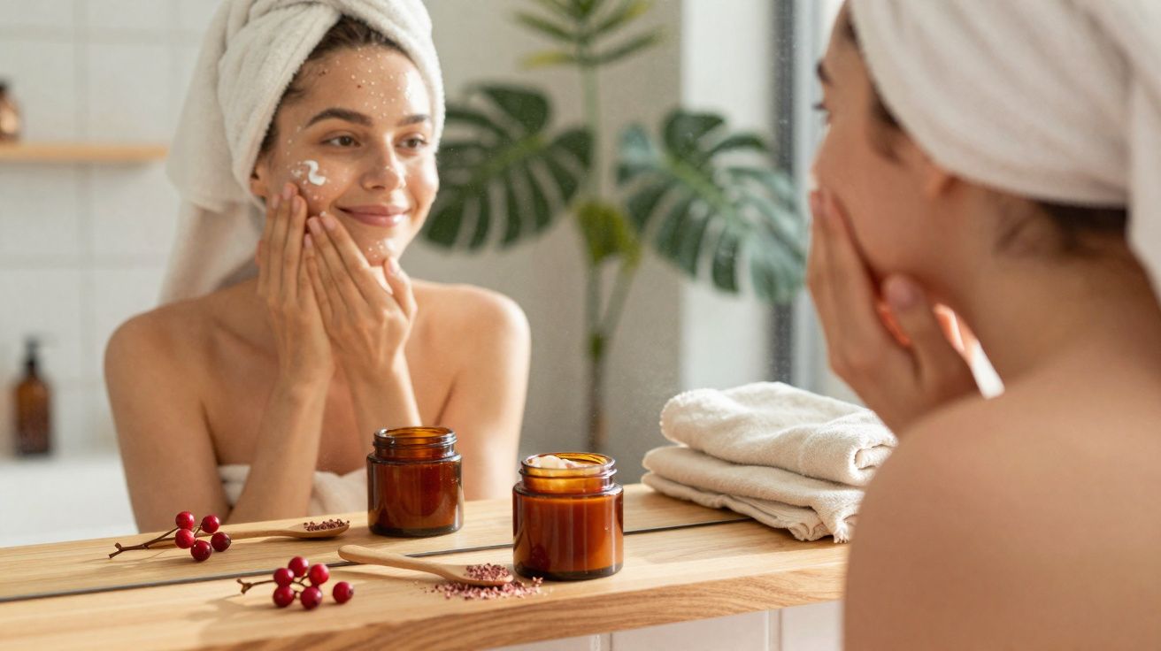 Mulher com toalha na cabeça aplicando creme no rosto em frente ao espelho do banheiro.