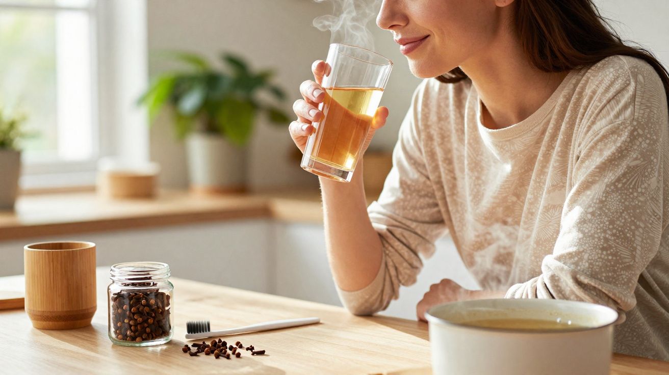 Mulher segurando copo com bebida quente e aromática, à mesa com especiarias e uma escova de dentes.